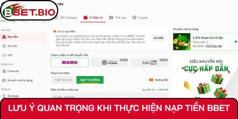 Nắm rõ các lưu ý quan trọng khi nạp tiền Bbet
