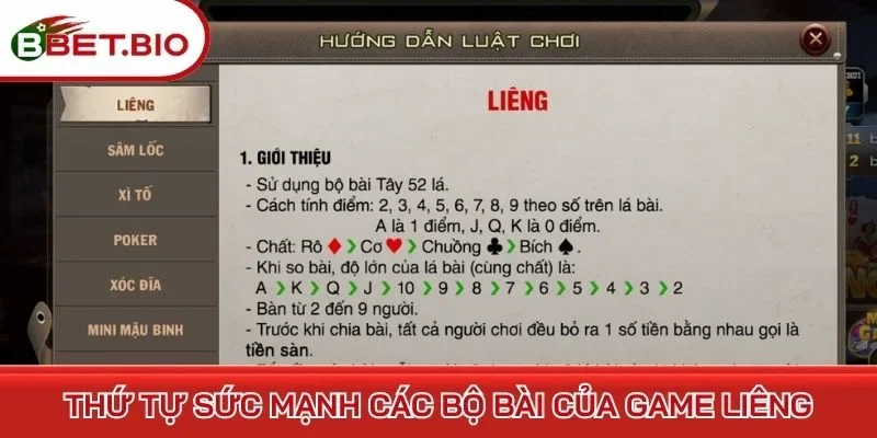 Thứ tự sức mạnh các bộ bài của game Liêng